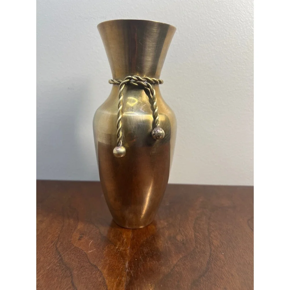 Vintage Brass Vase Rope Tie Tassel Detail Gold Metal MCM Boho Shelf Decor 7in